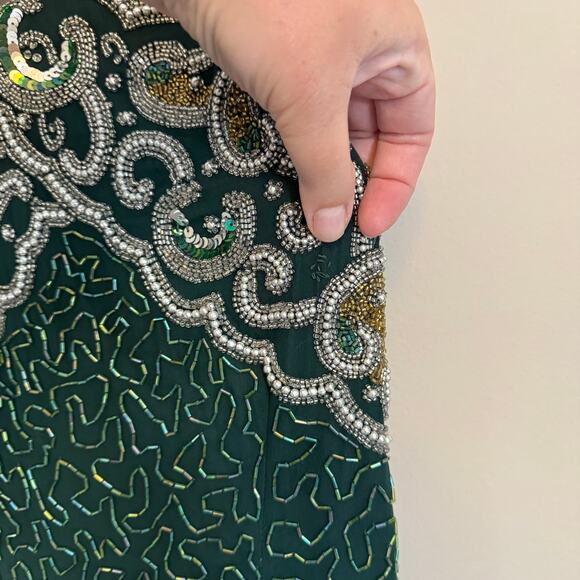 VTG 90s Laurence Kazar Beaded Prom Gown PS Green Silk Evening Formal Cocktail - Picture 8 of 11